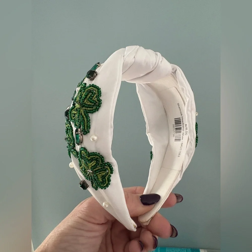 White and Green Shamrock EmbellishedTop Knot Headband